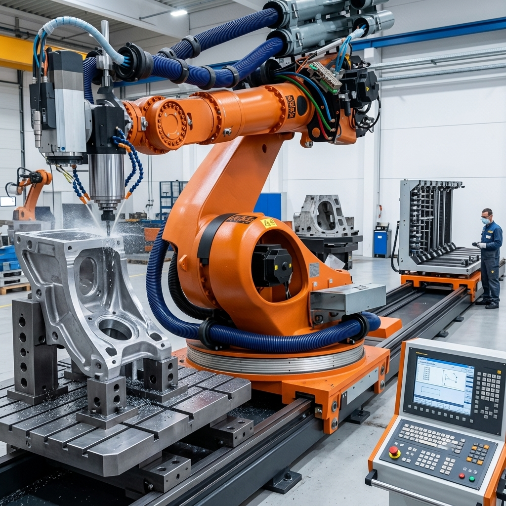 Linear axis robotic milling cell for large-format machining
