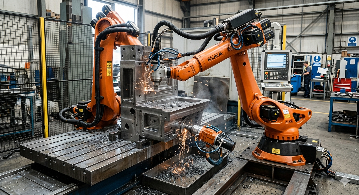 An industrial robot performing vertical, horizontal, and inverted robotic milling operations.