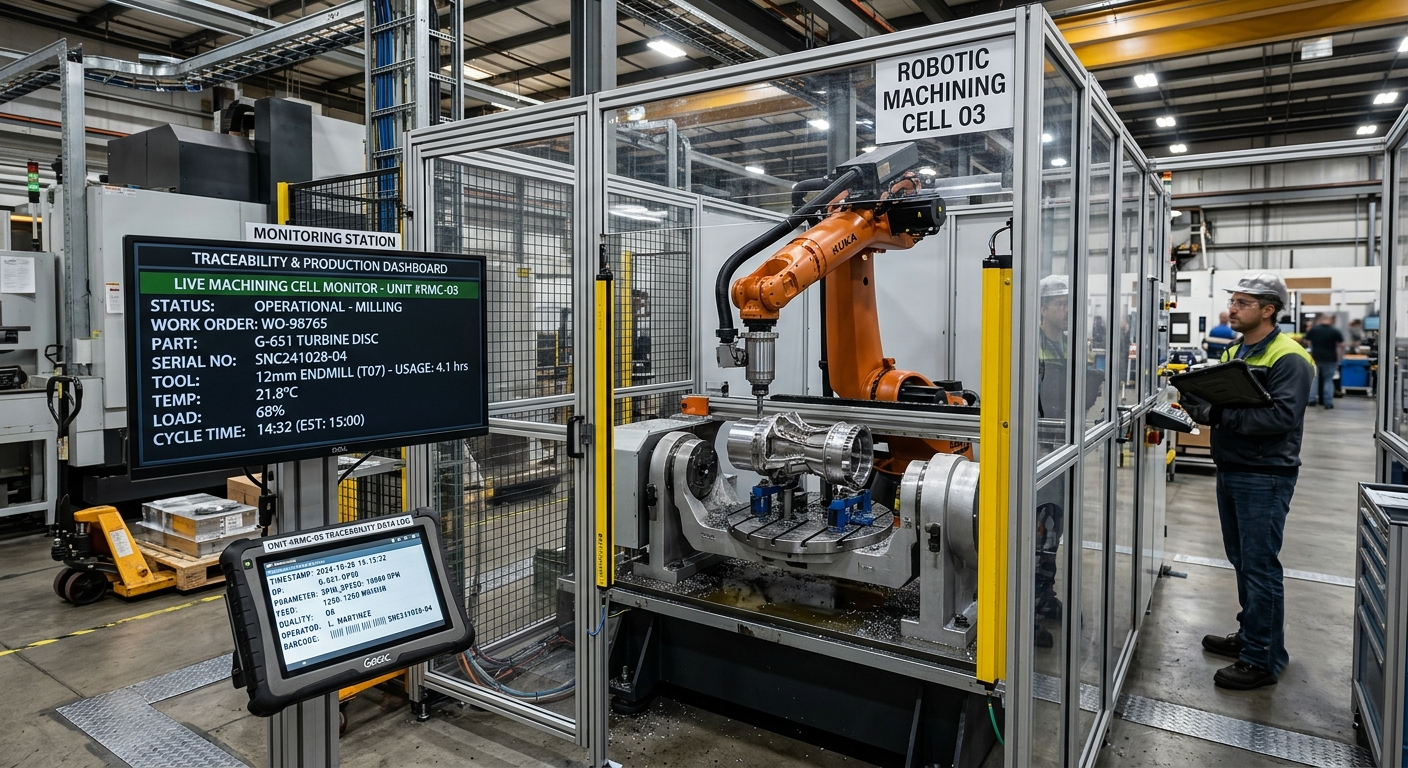 Machining traceability system monitoring a robotic machining cell and production data records