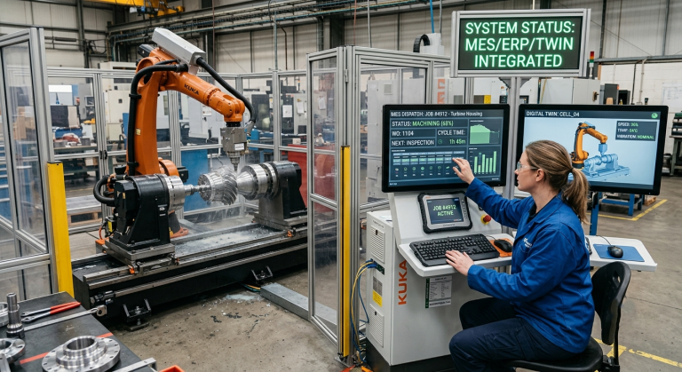 Robotic milling integration connecting a robotic machining cell with MES ERP and digital twin systems