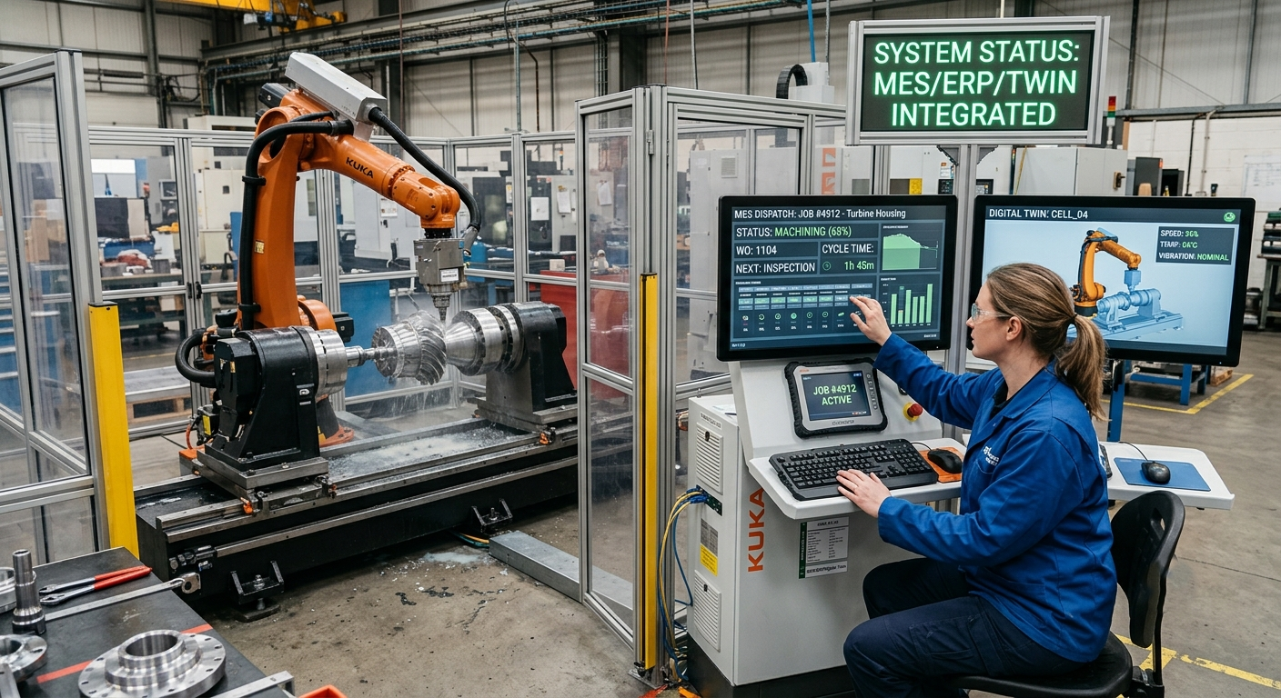 Robotic milling integration connecting a robotic machining cell with MES ERP and digital twin systems