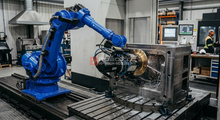 Tool stick-out robotic milling setup for deep cavity machining