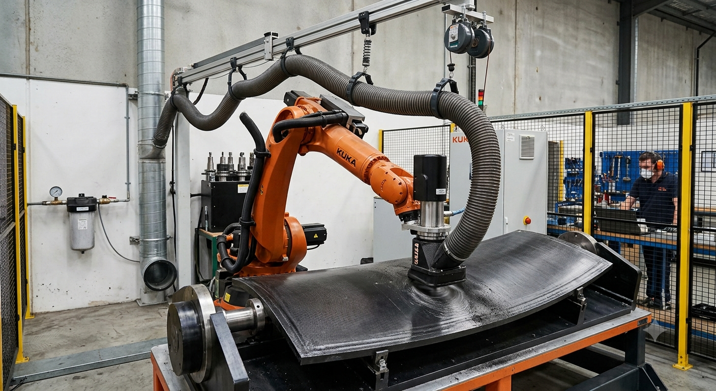 Composite robotic milling dust extraction system with a tool-mounted hood