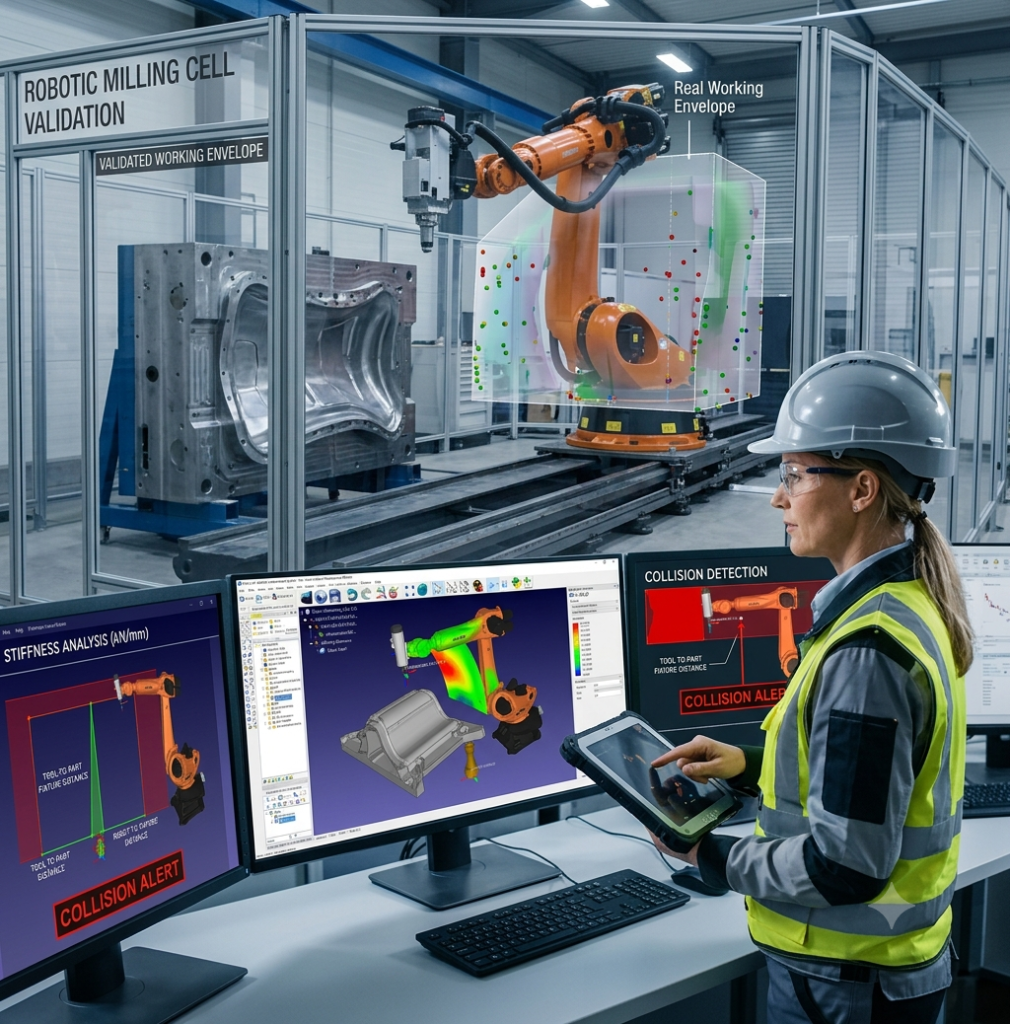 Engineer validating the real robotic milling working envelope for a large industrial machining cell using simulation, stiffness analysis, and collision detection.