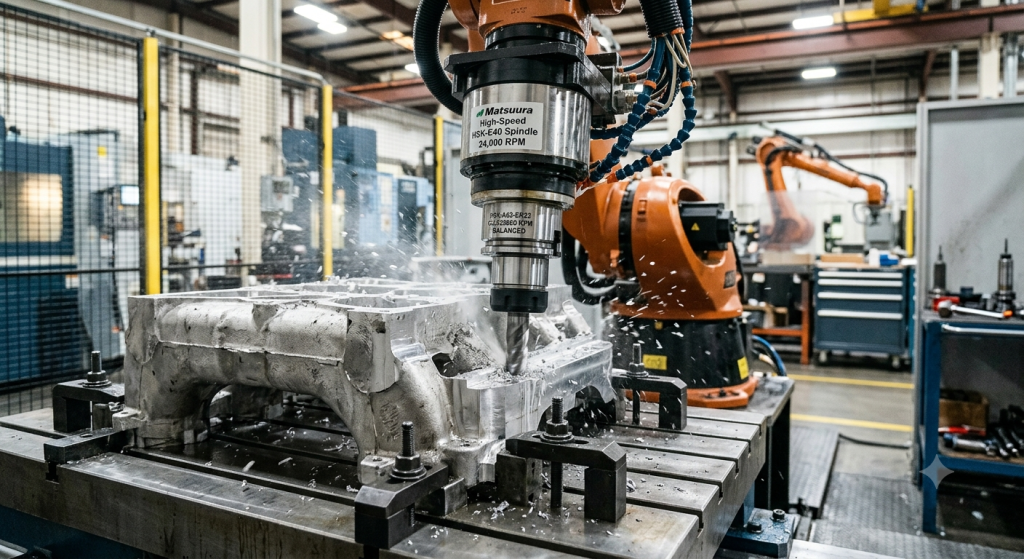Robotic milling tool holders installed on a high-speed spindle machining a large aluminum component.
