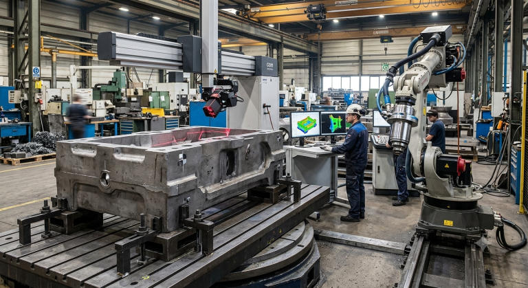Robotic milling metrology system inspecting a large industrial component