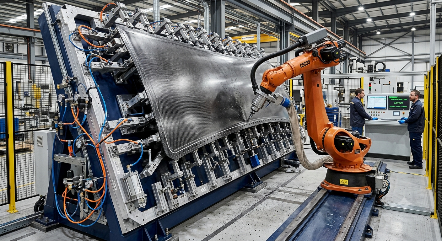 Large robotic milling fixturing system supporting a composite panel to prevent deformation and vibration during robotic machining.