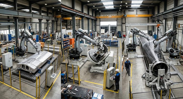 Robotic milling cell architecture comparing one robot, robot with positioner, and dual robots for large-format machining