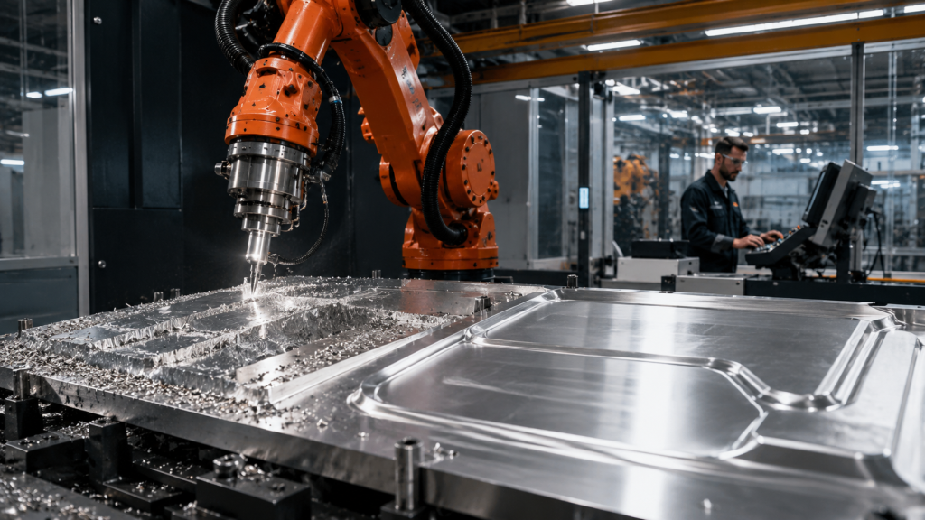 Robotic milling cutting parameters being optimized during the transition from roughing to finishing