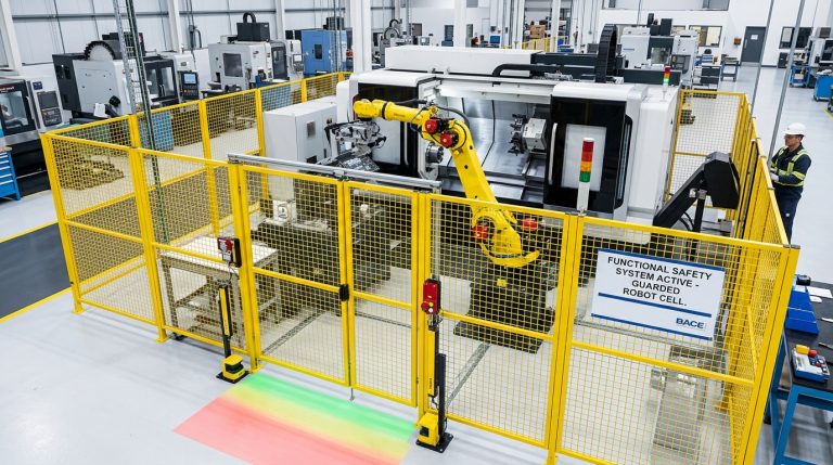CNC robot cell functional safety with guarded machining equipment and safety controls