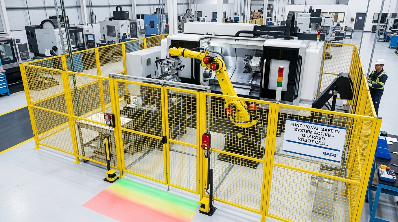CNC robot cell functional safety with guarded machining equipment and safety controls