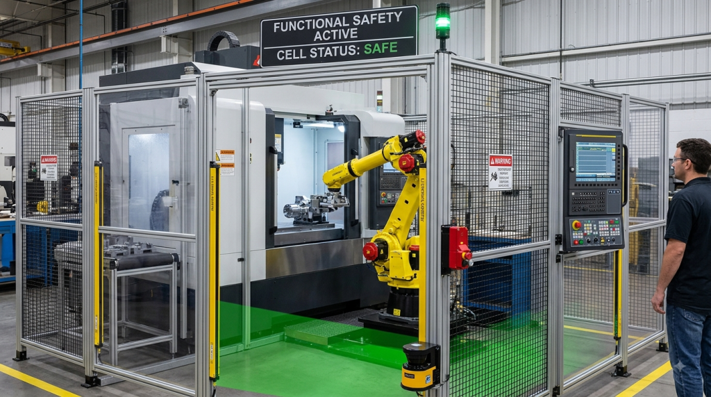 CNC robot functional safety system with guarded CNC machine, industrial robot, and safety devices