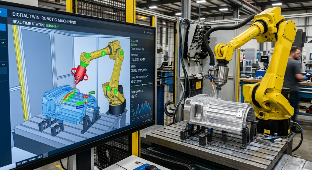 Digital twin for robotic machining showing a simulated robot, spindle, workpiece and machining cell