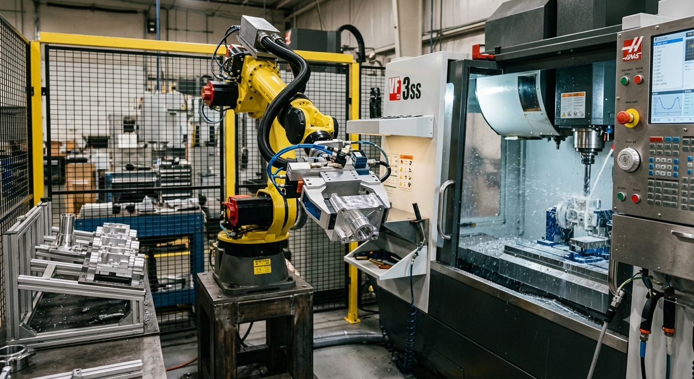 End-of-arm tooling for machining automation gripping a workpiece beside a CNC machining center