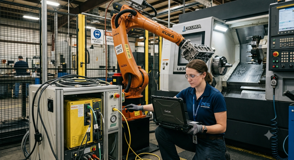 Engineer configuring communication to connect a robot to a CNC machine in an automated machining cell