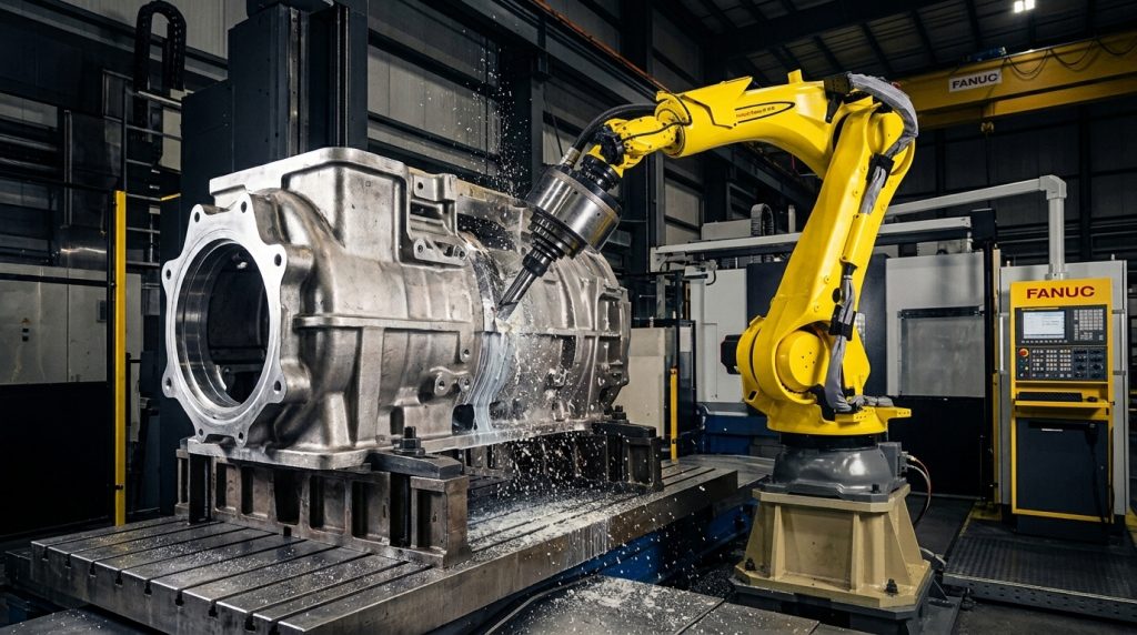 FANUC M-810 machining robot performing robotic material removal on a large metal workpiece