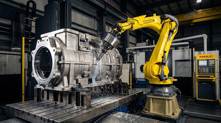 FANUC M-810 machining robot performing robotic material removal on a large metal workpiece