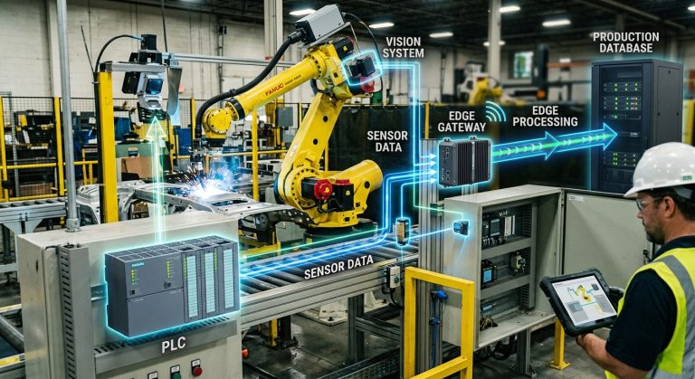 Industrial robot data architecture connecting a robot, PLC, sensors, edge system, and production database