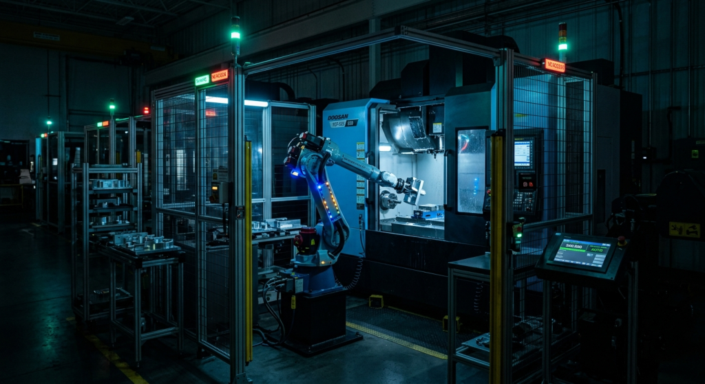 Lights-out CNC automation cell with a robot loading parts into an enclosed machining center