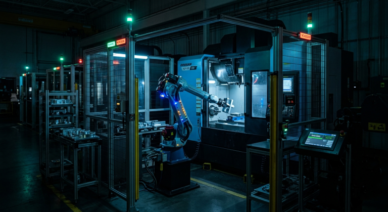 Lights-out CNC automation cell with a robot loading parts into an enclosed machining center