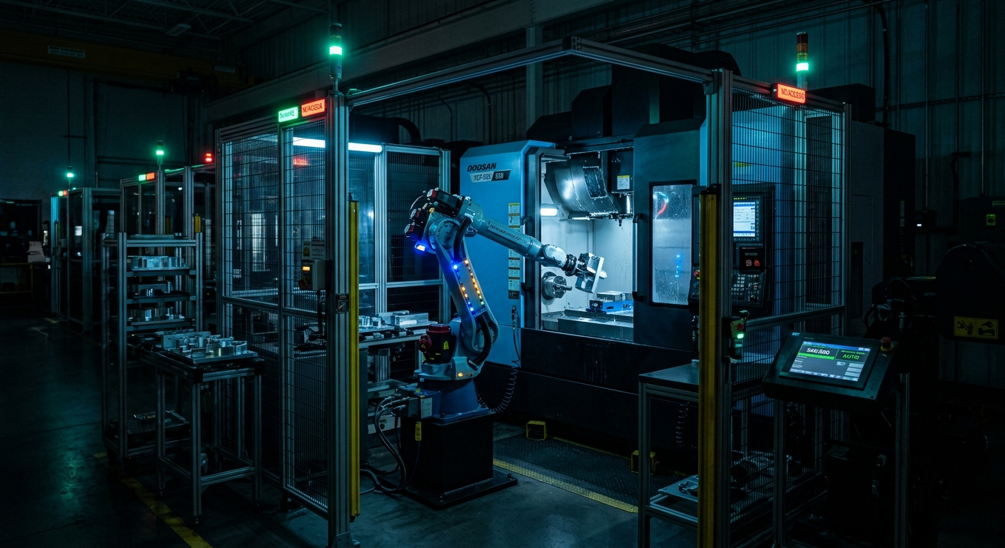 Lights-out CNC automation cell with a robot loading parts into an enclosed machining center