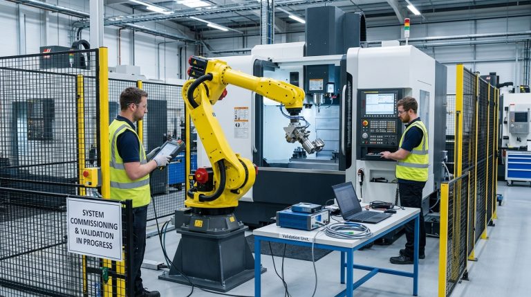 Robot CNC cell commissioning with industrial robot and enclosed CNC machine during validation testing