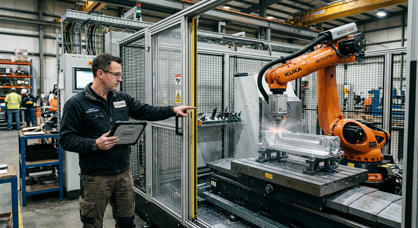 Robot integrator for machining automation reviewing an industrial robotic milling cell