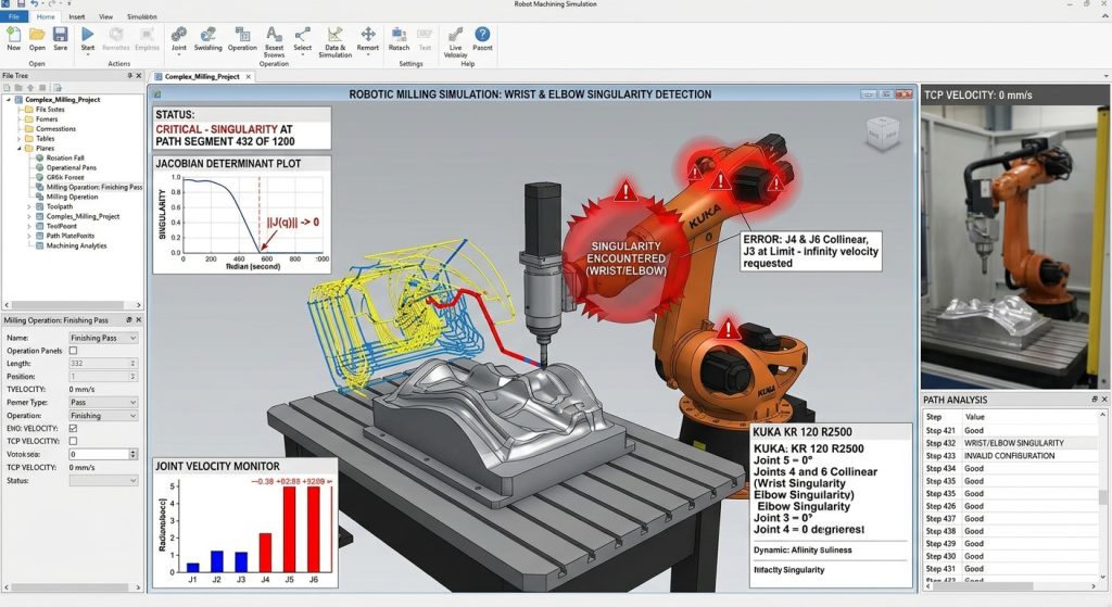 Robot milling singularities in a simulated robotic milling toolpath