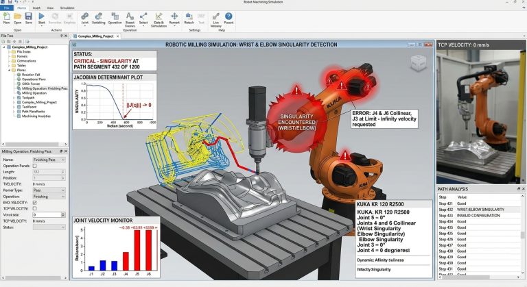 Robot milling singularities in a simulated robotic milling toolpath