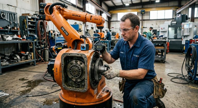 Technician measuring gearbox backlash on a refurbished industrial robot joint