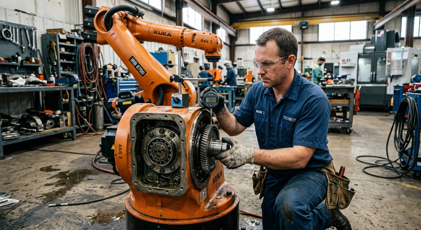 Technician measuring gearbox backlash on a refurbished industrial robot joint