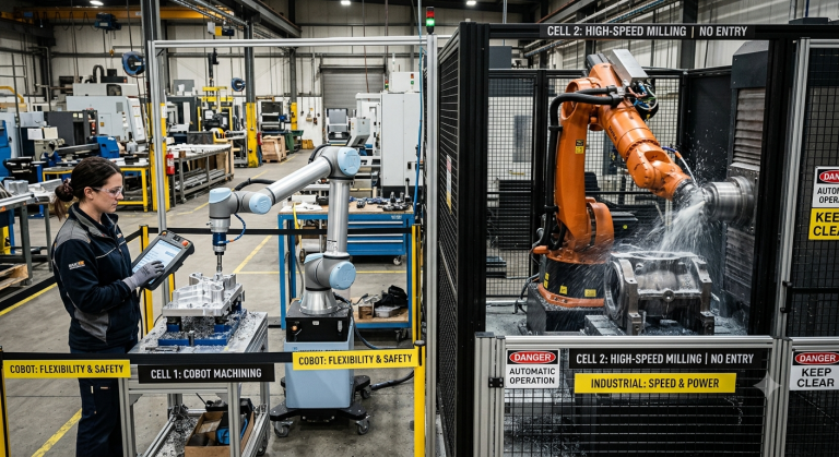 Cobots vs industrial robots in an automated machining cell