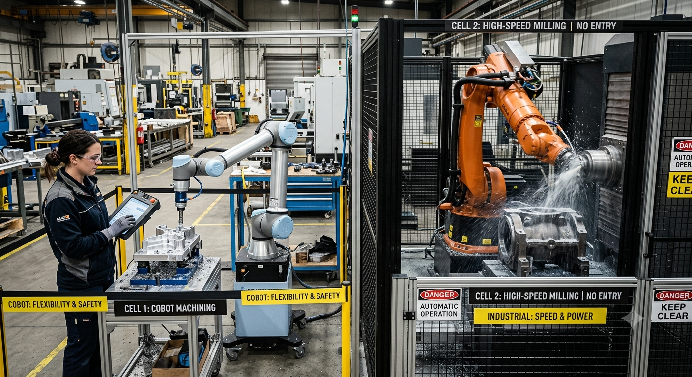 Cobots vs industrial robots in an automated machining cell