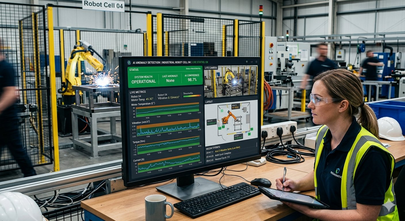 AI anomaly detection dashboard monitoring data from an industrial robot cell