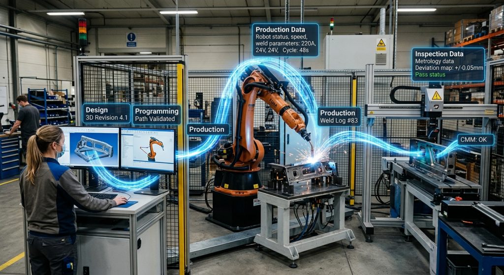 Digital thread connecting design, robot programming, production and inspection data in a robotic manufacturing cell