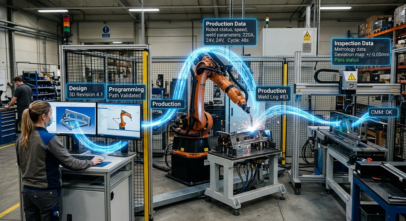Digital thread connecting design, robot programming, production and inspection data in a robotic manufacturing cell