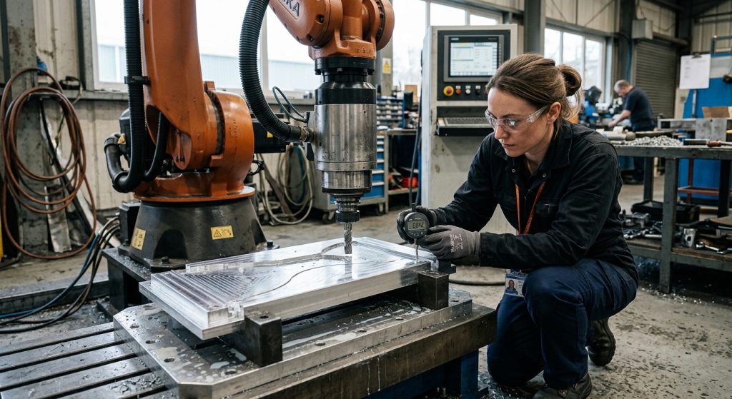 Engineer measuring robot contour error during a robotic milling test