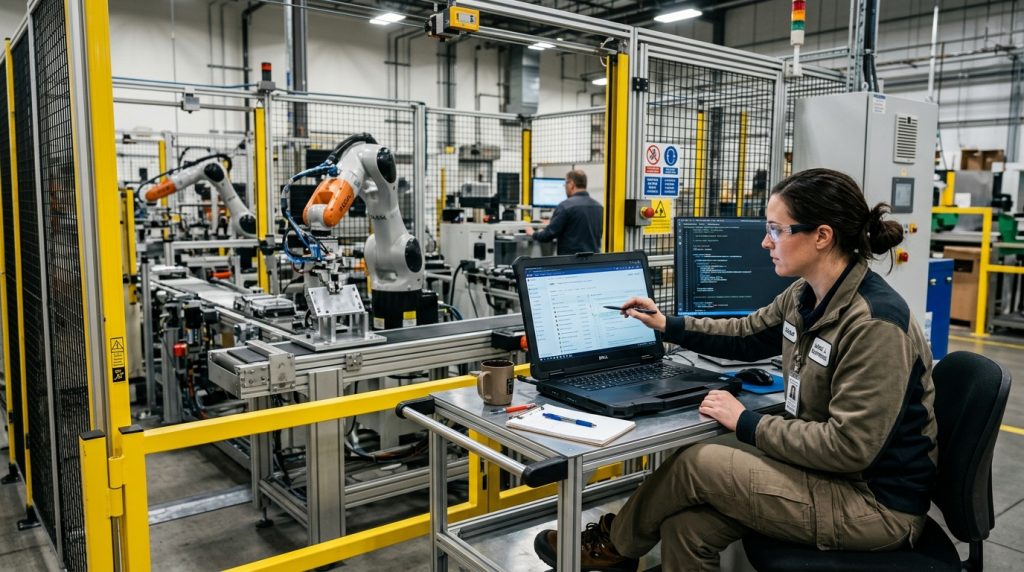 Engineer reviewing robot program version control records for an industrial automation cell