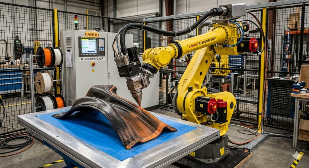 Industrial robot adjusting nozzle orientation during non-planar 3D printing