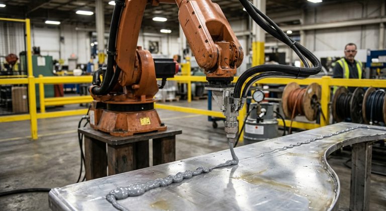 Industrial robot extruding an uneven bead caused by feed pulsation
