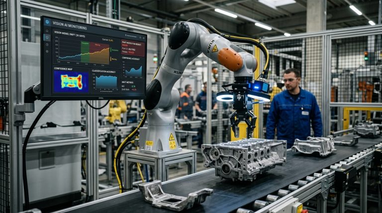 Industrial robot using an AI vision camera to inspect parts while monitoring model drift in robot vision