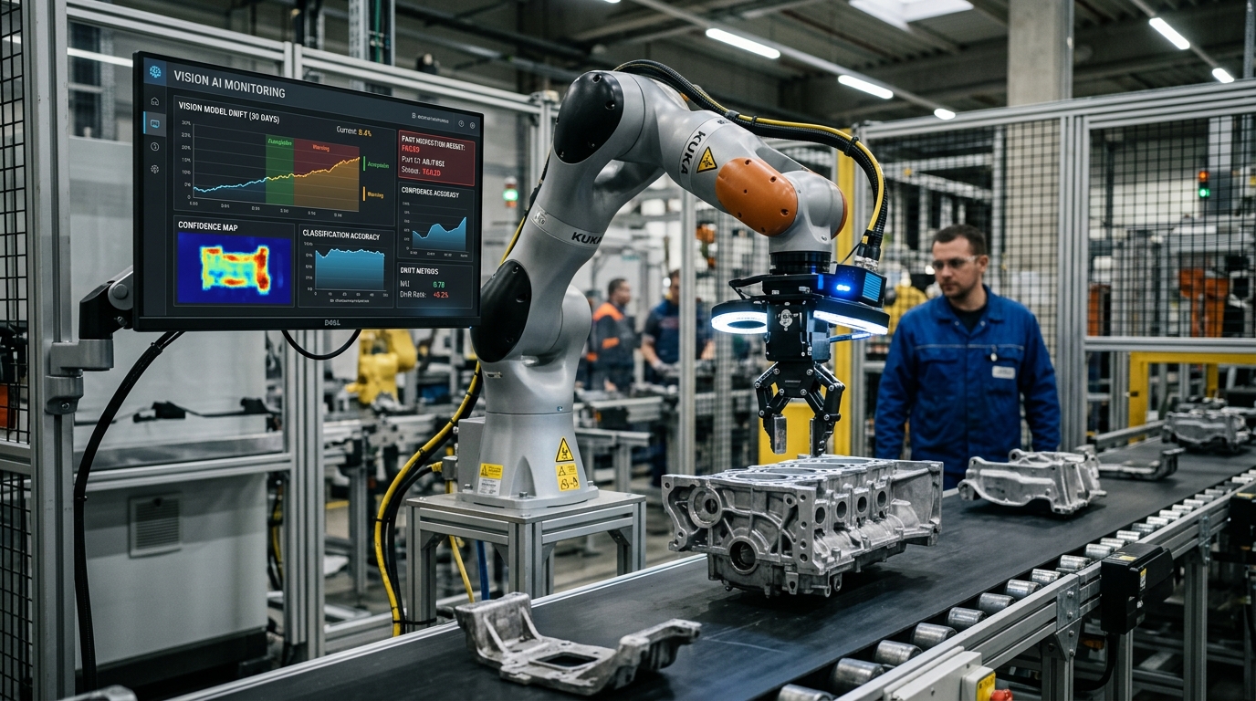 Industrial robot using an AI vision camera to inspect parts while monitoring model drift in robot vision