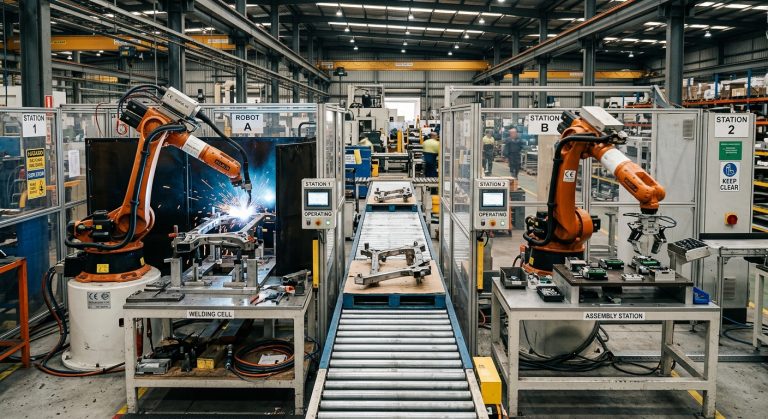 Multi-robot cells with two industrial robot arms beside a shared transfer zone