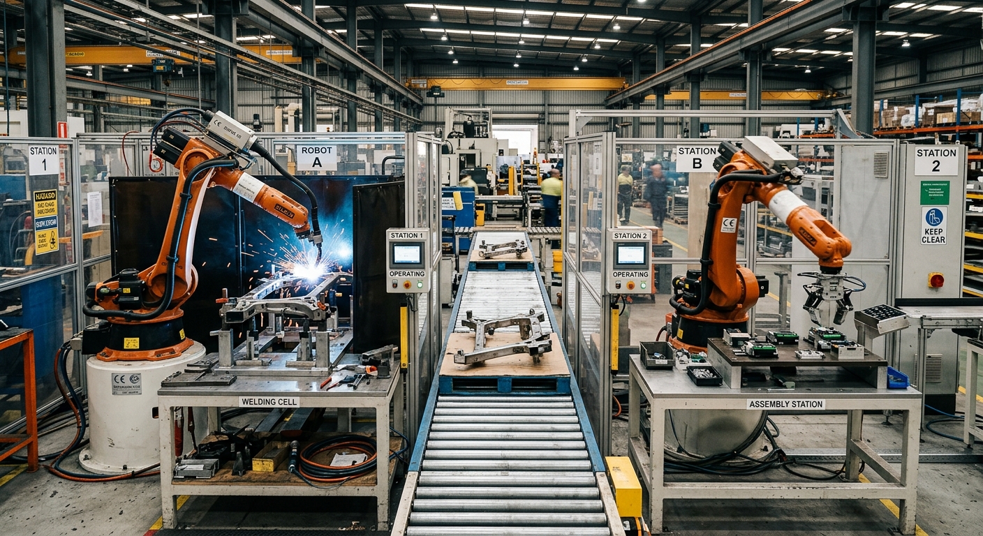 Multi-robot cells with two industrial robot arms beside a shared transfer zone