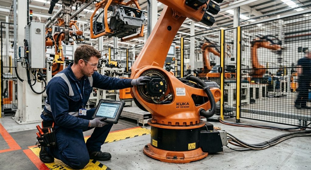 Technician checking robot operating hours and mechanical condition on an industrial robot