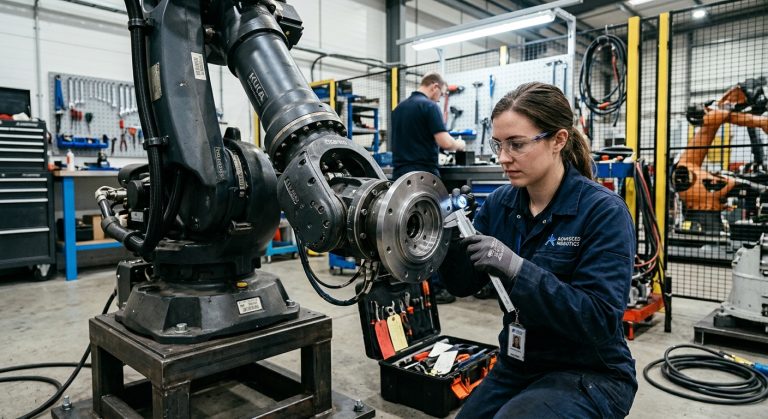 Technician inspecting the wrist and mounting flange of a refurbished robot after a collision