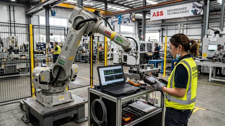 Technician performing a refurbished robot acceptance test on an industrial robot