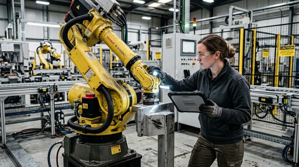 Technician performing a robot collision inspection on an industrial robotic arm