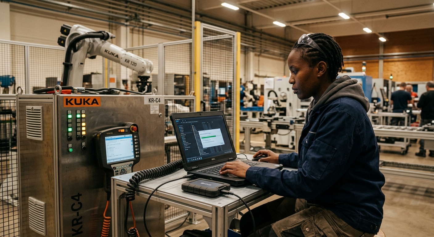 Technician reviewing robot backups on a laptop beside an industrial robot controller