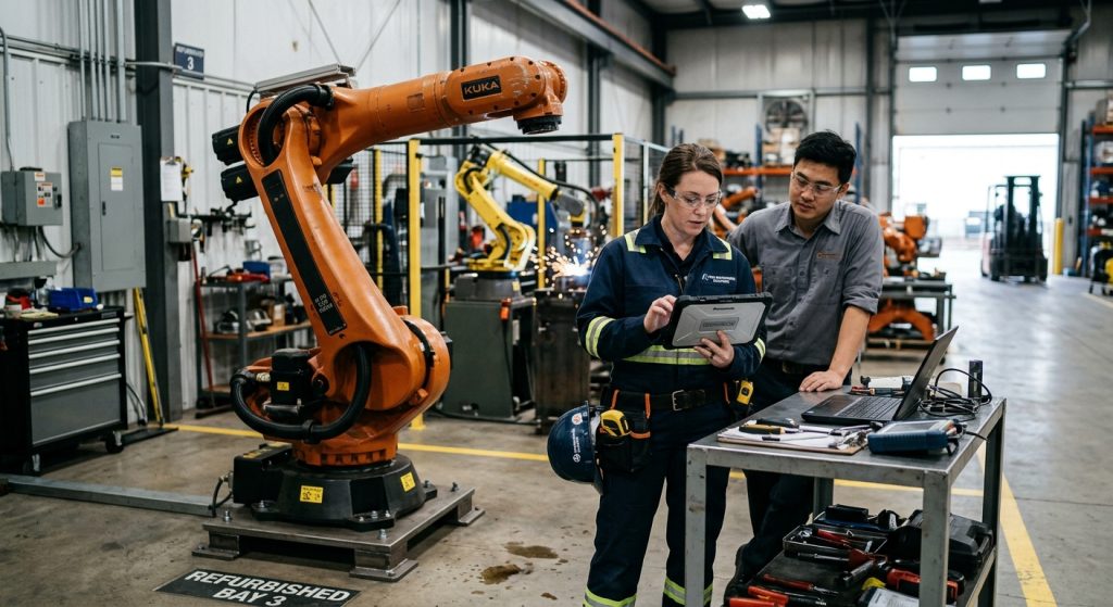 Technician reviewing robot maintenance records beside a refurbished industrial robot